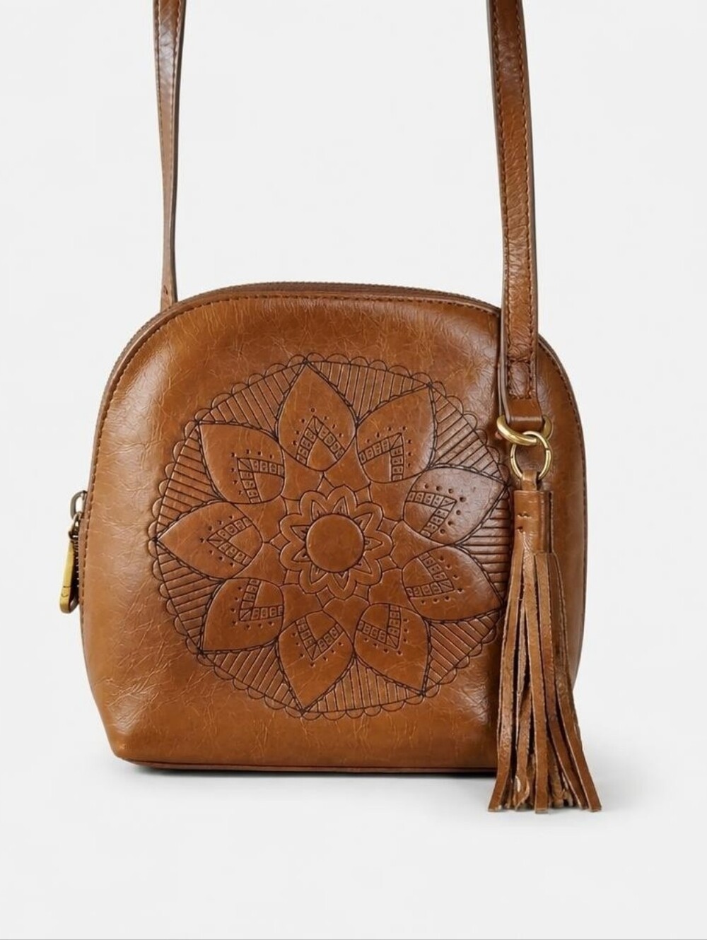 HOBO Inked Hide Collector's Edition Brown Embossed Floral Crossbody with Tassel